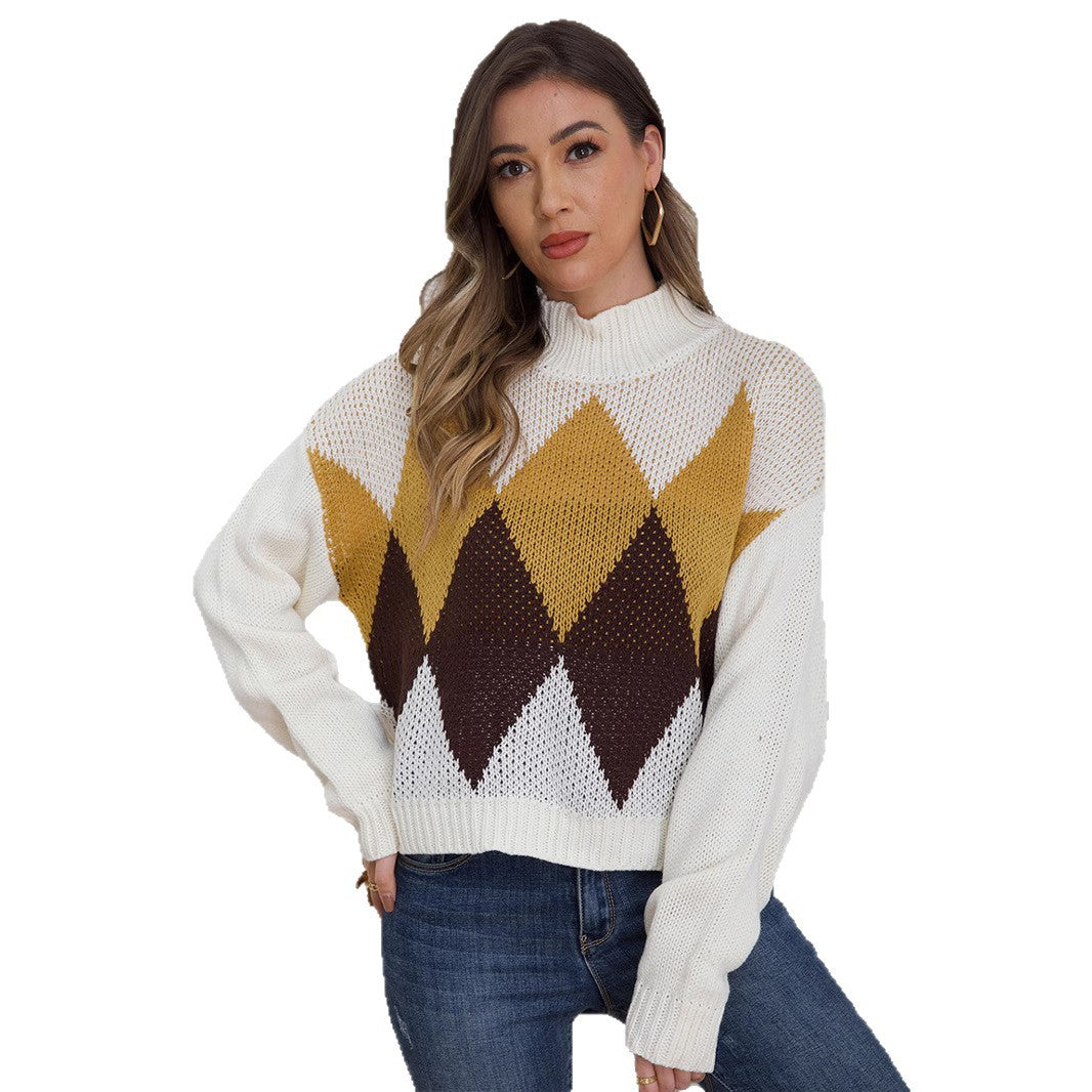 Damen modischer Strickpullover mit geometrischem Muster und hohem Kragen Drune