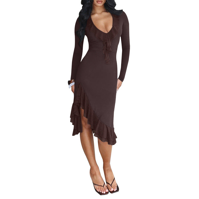 Damen charmantes Wickelkleid mit asymmetrischem Saum und Rüschendetails Drune
