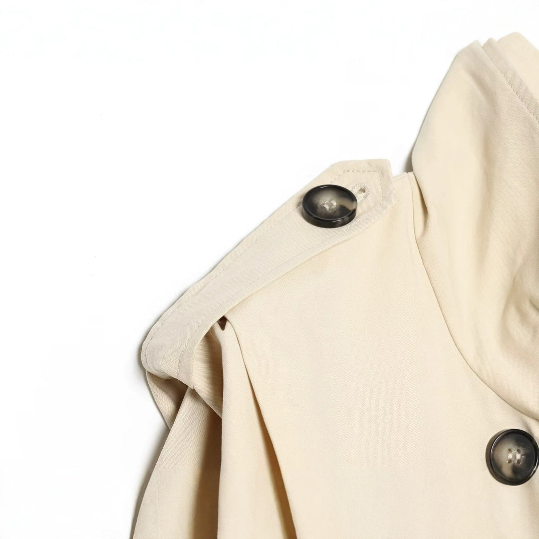 Damen Cropped Doppelreihiger Trench‑Blouson mit hohem Stehkragen, Schulterklappen und elastischem Saum Drune