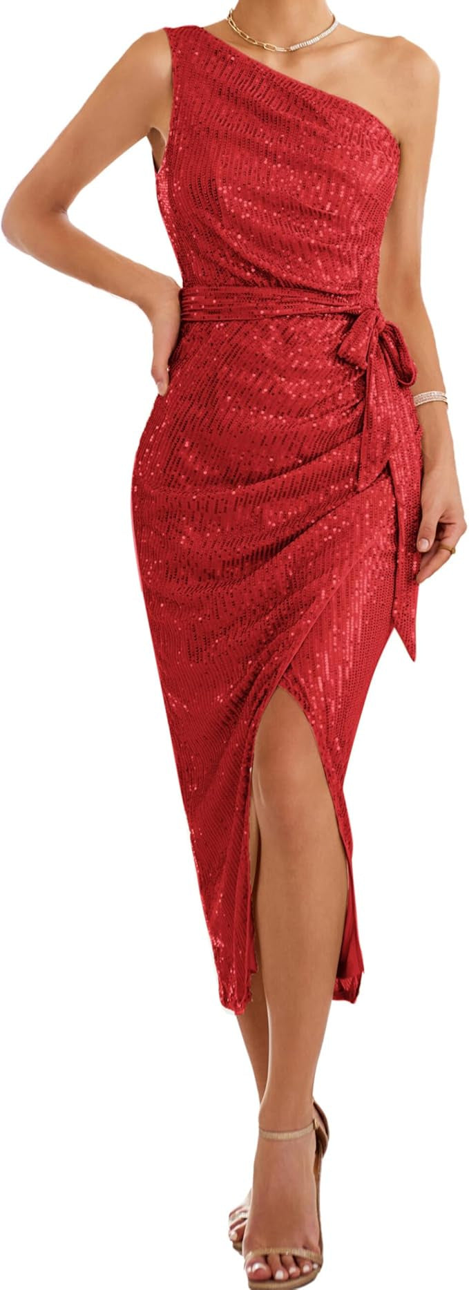 Damen asymmetrisches Abendkleid mit Pailletten und hohem Schlitz Drune