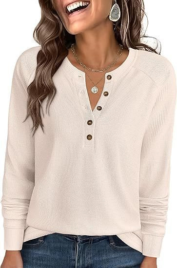Damen Waffelstrick-Henley-Longsleeve mit Knopfleiste, Raglanärmeln und gerippten Bündchen Drune