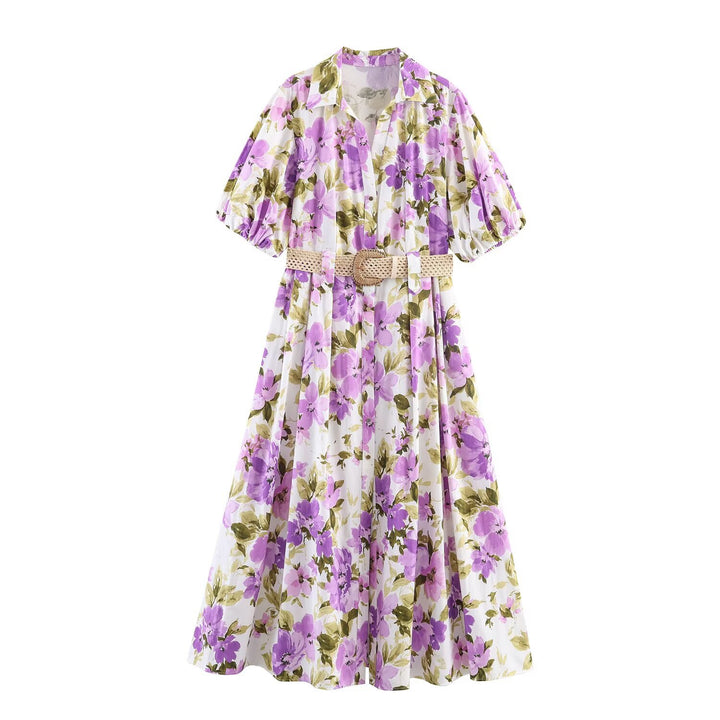 Damen Midikleid mit Hemdblusenkragen, taillenbetontem Flechtgürtel und Volantrock Drune