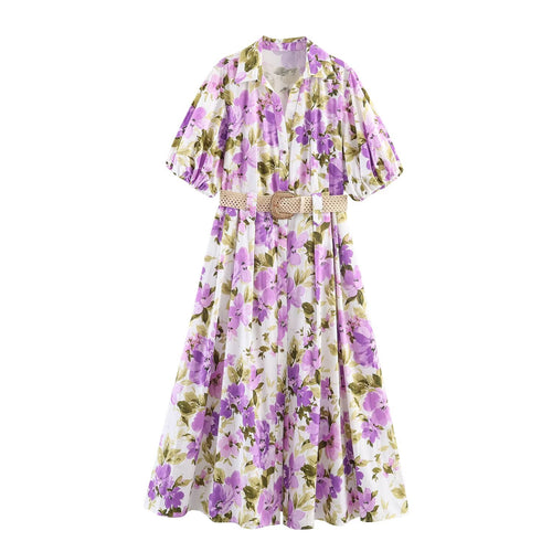 Damen Midikleid mit Hemdblusenkragen, taillenbetontem Flechtgürtel und Volantrock Drune