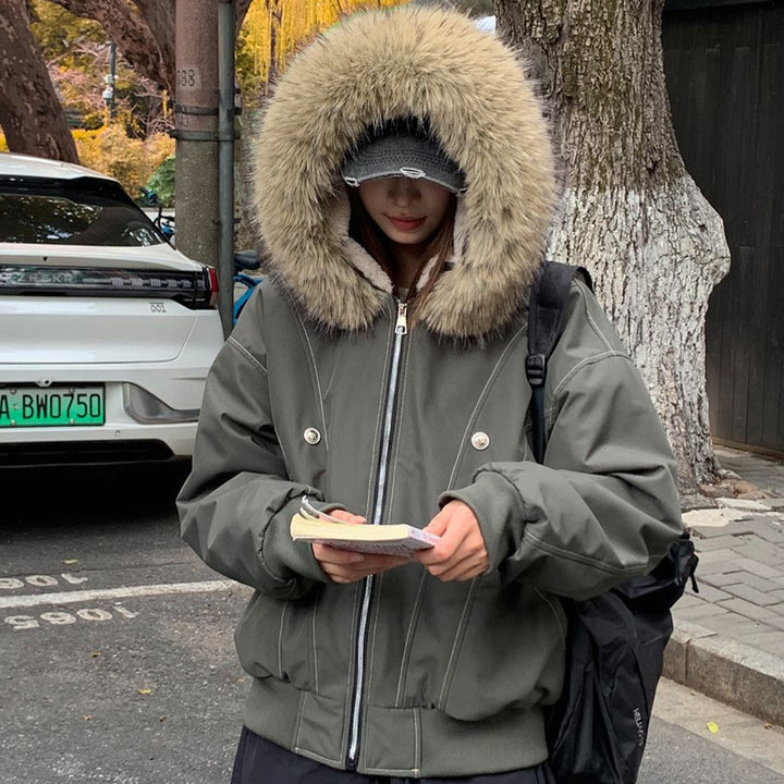 Damen gefütterte Winterjacke mit abnehmbarem Kunstfellkragen und großen Taschen Drune
