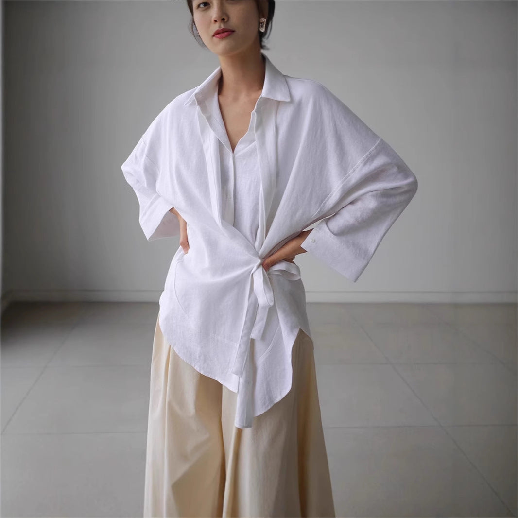 Damen Wickel-Langbluse aus Leinenmix mit Seitenschleife und Oversize-Schnitt Drune