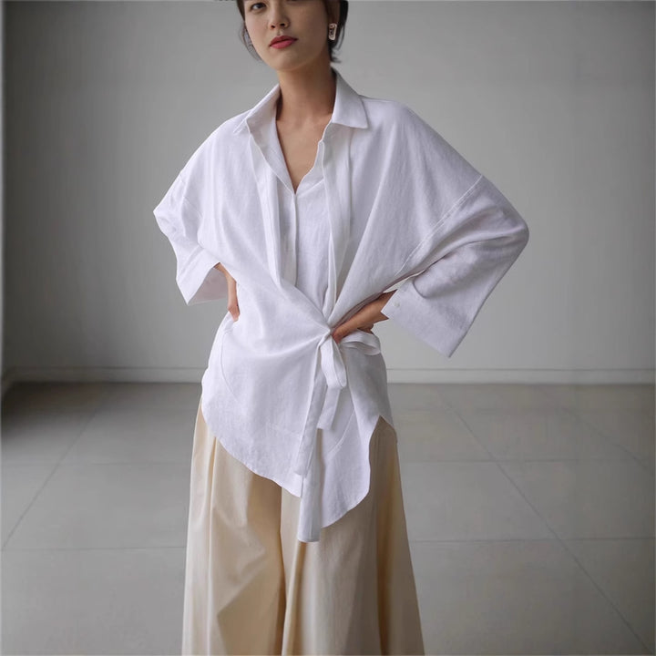 Damen Wickel-Langbluse aus Leinenmix mit Seitenschleife und Oversize-Schnitt Drune