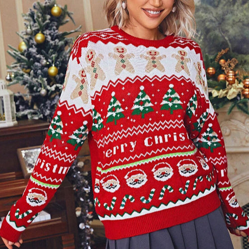 Damen festlicher Strickpullover mit Weihnachtsmotiv und Rundhalsausschnitt Drune
