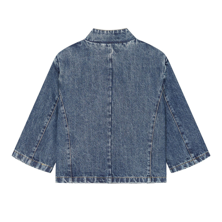 Damen Kurze boxy Jeansjacke mit Stehkragen, asymmetrischer Druckknopfleiste und aufgesetzter Brusttasche Drune