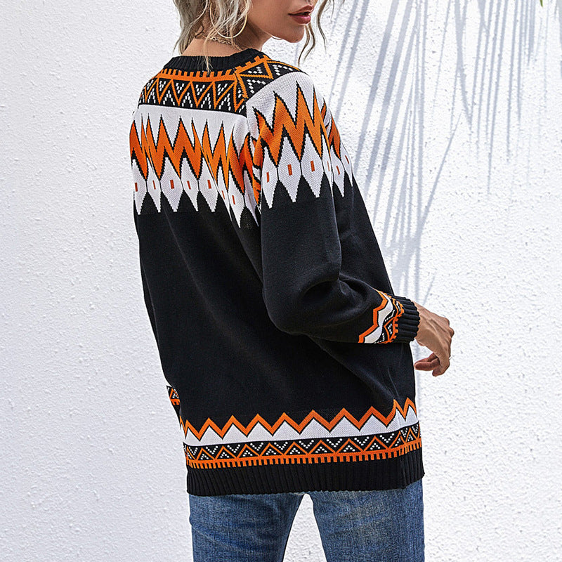 Damen Oversize Strickpullover mit geometrischem Aztekenmuster und asymmetrischem schulterfreiem Ausschnitt Drune