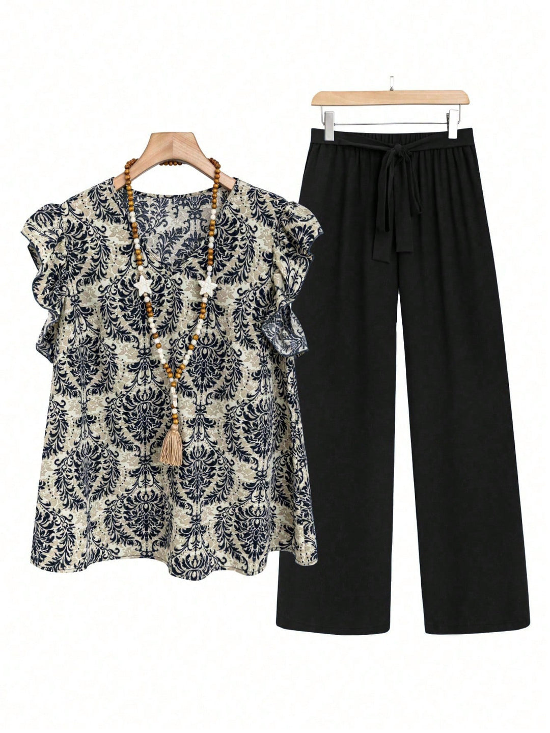 Damen Zweiteiliges Ensemble mit Rüschen-Printbluse und weitem Taillen-Hosenmodell Drune