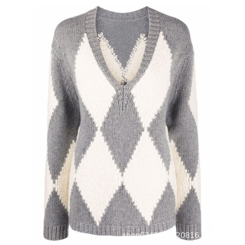 Damen trendiger V-Ausschnitt Strickpullover mit Zickzackmuster Drune