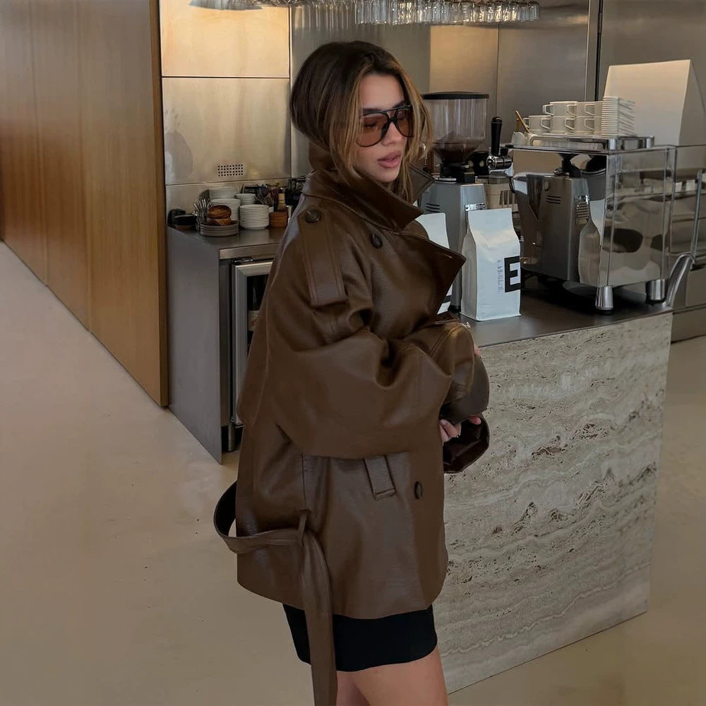 Damen Kurz geschnittener Oversize Lederimitat-Trench mit Taillengürtel und Epauletten Drune