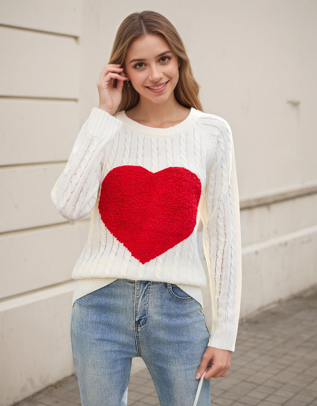 Damen Strickpullover mit Herz-Applikation und luftiger Maschenstruktur Drune