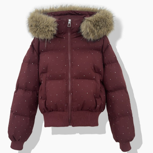 Damen nan kurzer gesteppter Pufferblouson mit feinem Strassbesatz, abnehmbarer Webpelzkapuze und elastischem Saum Drune