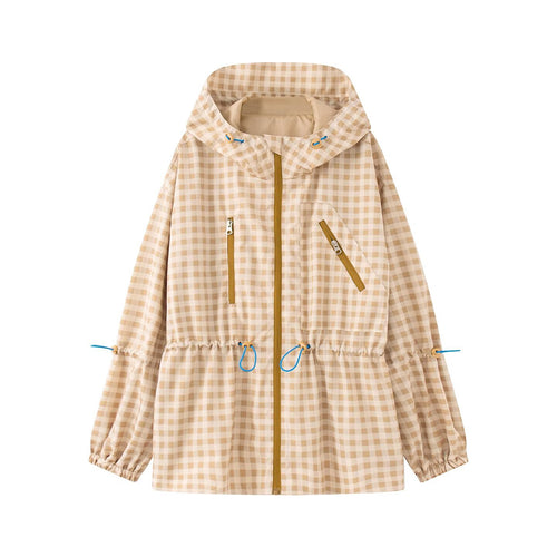 Damen Karo-Übergangsjacke mit Kapuze, Tunnelzug und wasserabweisender Beschichtung Drune
