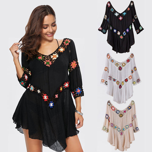 Damen Häkelbluse mit bunten Floral-Applikationen Drune