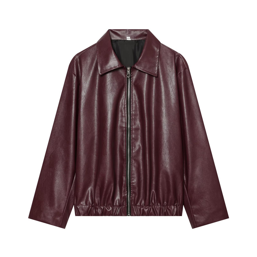 Damen Weiter Kunstleder-Blouson mit durchgehendem Reißverschluss, Hemdkragen und gerafftem Saum Drune
