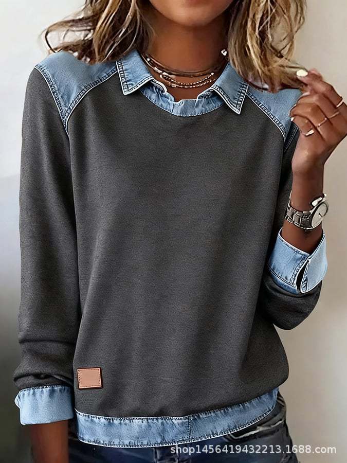 Damen nan gerippter Strickpullover mit Jeanskragen und Knopfleiste Drune