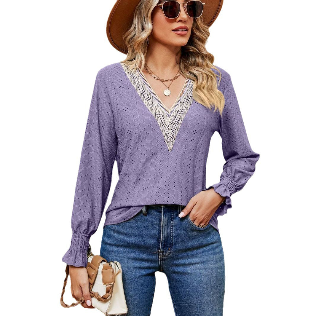 Damen Bluse mit luftigen Lochstickereien und V-Ausschnitt Drune
