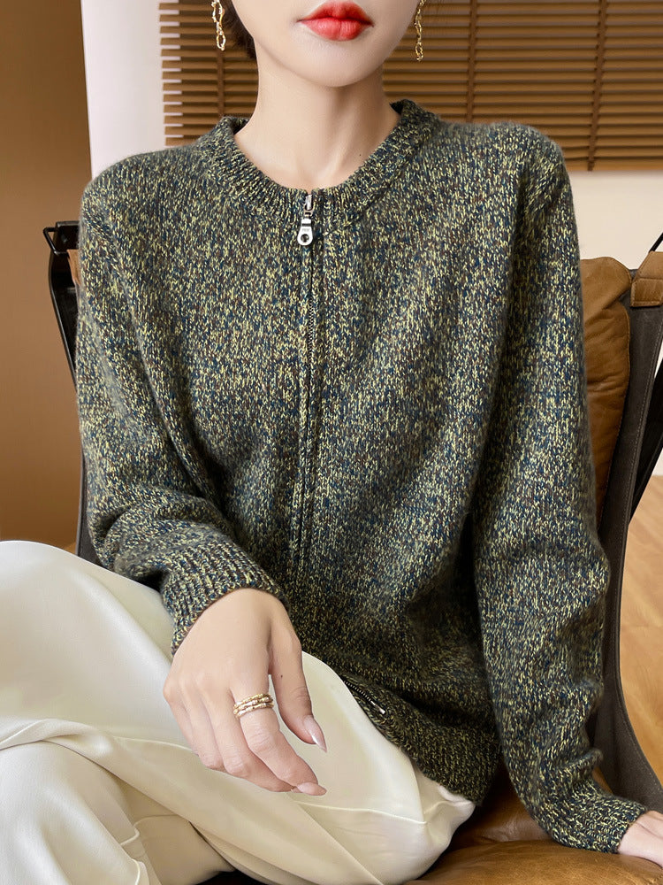 Damen Melierter Reißverschluss-Cardigan mit Zwei-Wege-Zipper und gerippten Bündchen Drune