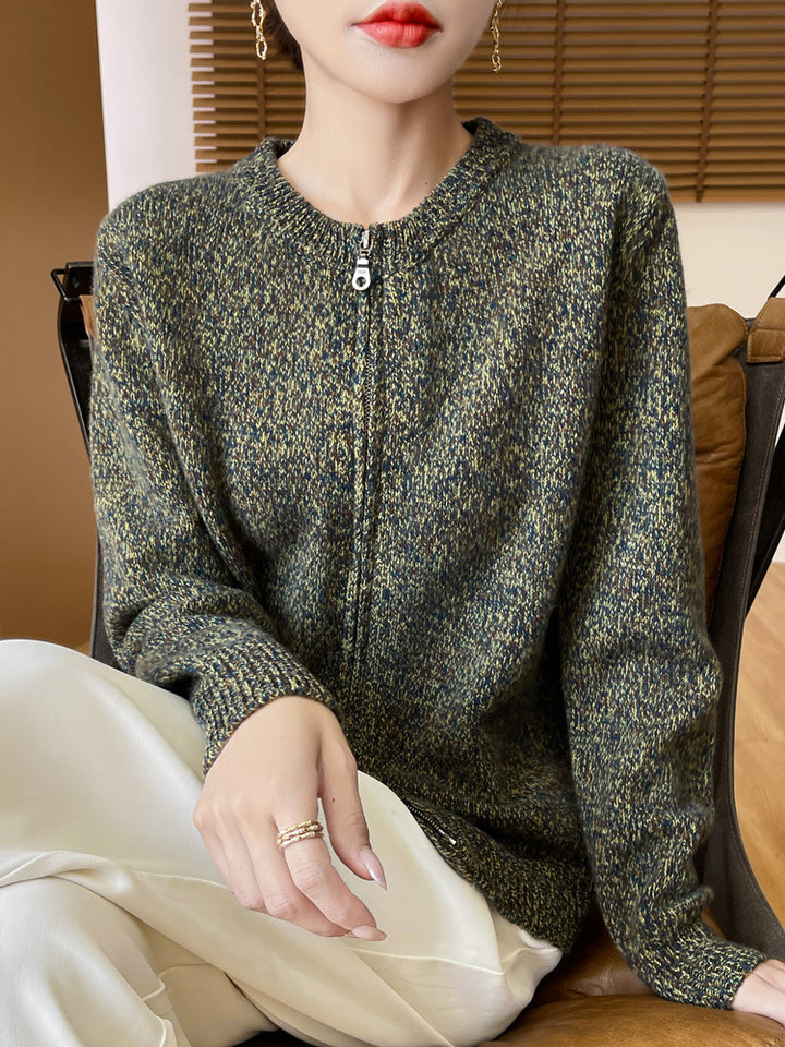 Damen Melierter Reißverschluss-Cardigan mit Zwei-Wege-Zipper und gerippten Bündchen Drune