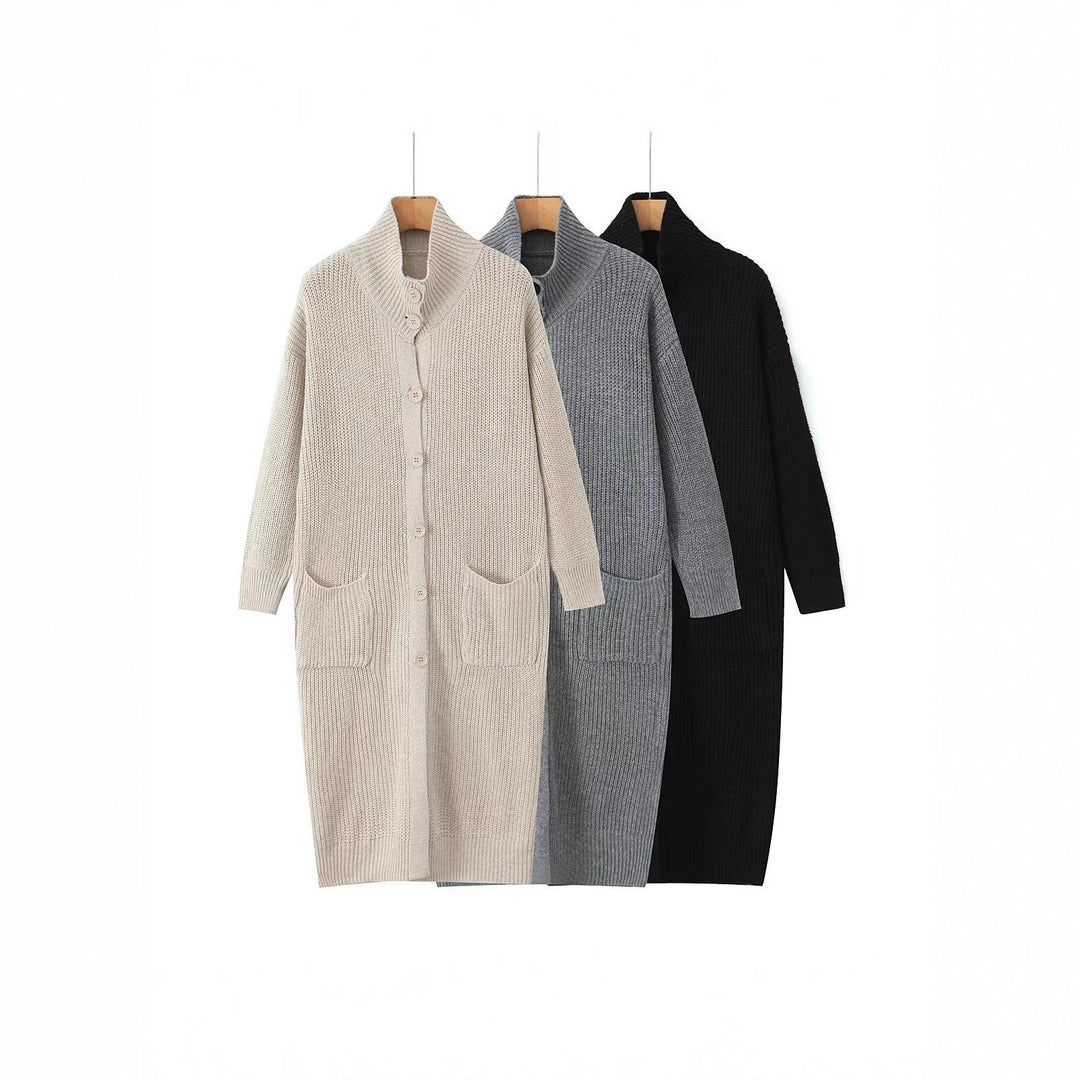 Damen Langer Grobstrick-Cardigan mit Schalkragen, Knopfleiste und aufgesetzten Taschen Drune
