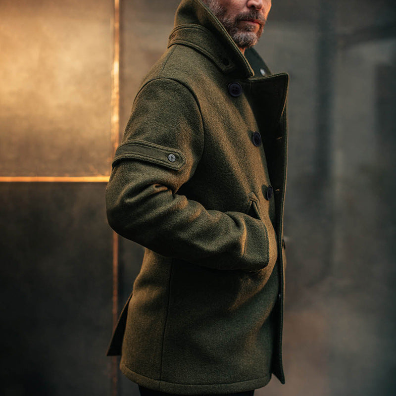 Herren Doppeltreihiger Wollmantel im Peacoat-Stil mit hohem Kragen Drune