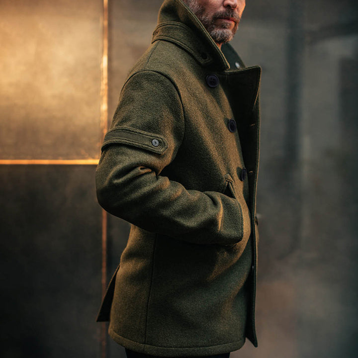 Herren Doppeltreihiger Wollmantel im Peacoat-Stil mit hohem Kragen Drune
