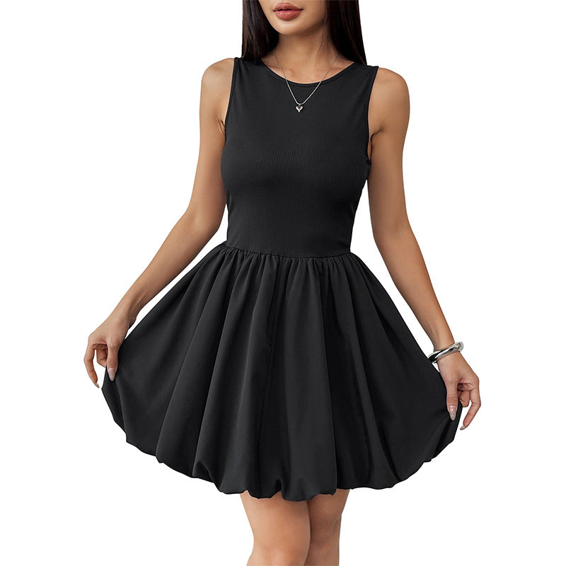 Damen ärmelloses A-Linien Kleid mit elastischer Taille und schwingendem Rock Drune