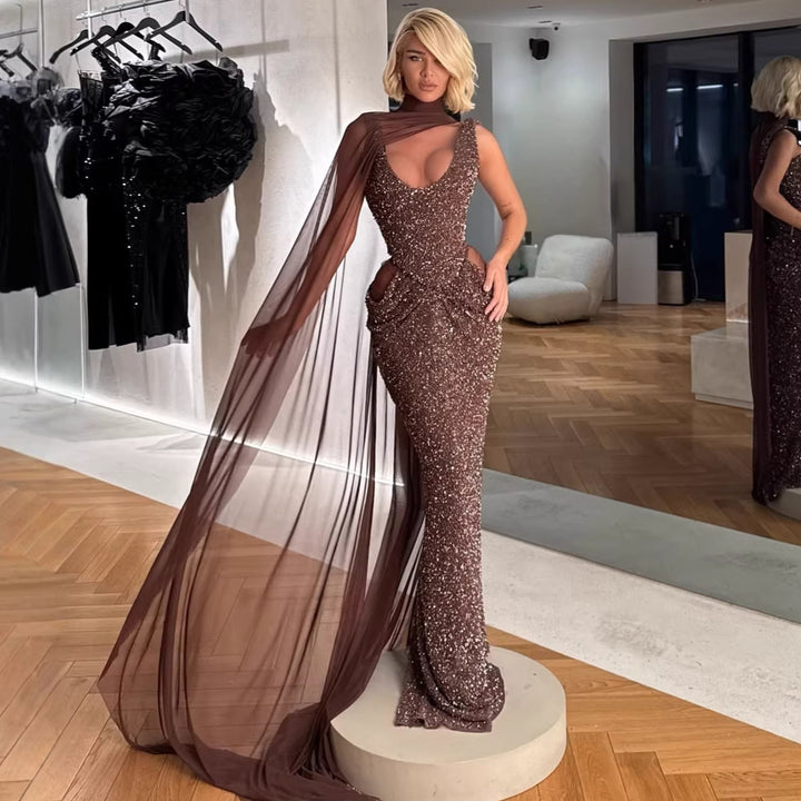 Damen Glamouröses Abendkleid mit funkelnden Pailletten und dramatischem Chiffonüberwurf Drune