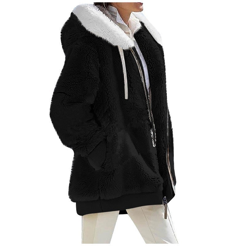 Damen Kuschelige Teddy-Kapuzenjacke mit Kontrastbesatz, Reißverschluss und Eingrifftaschen Drune