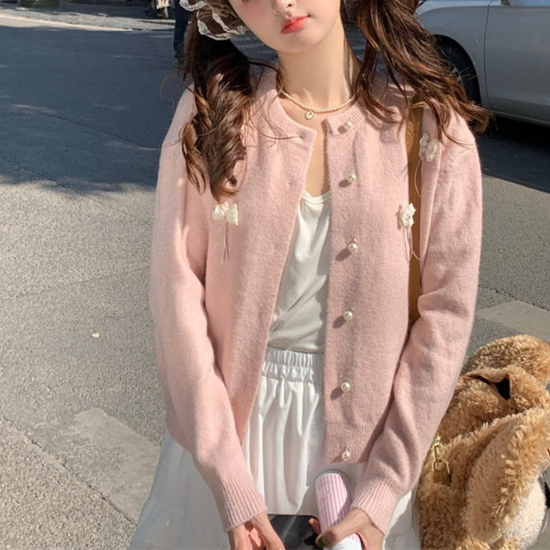 Damen Kawaii Strickjacke mit dekorativen Schleifen und Perlen Drune