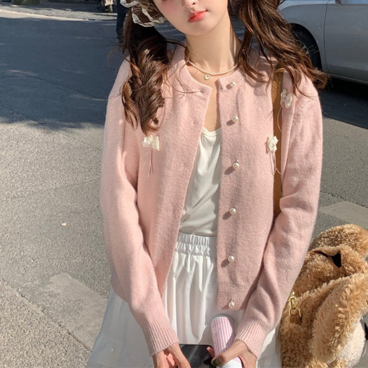 Damen Kawaii Strickjacke mit dekorativen Schleifen und Perlen Drune