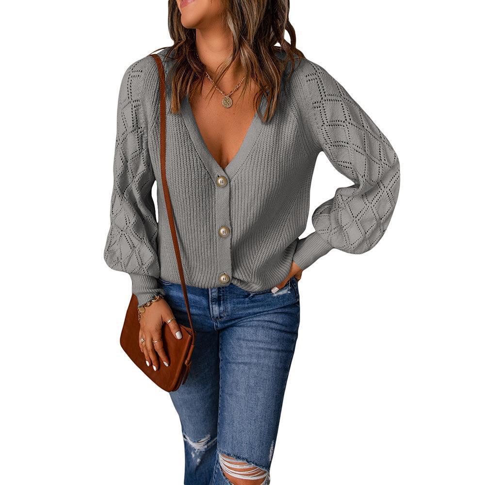 Damen Strickcardigan mit V-Ausschnitt, Zierknopfleiste und Ajourballonärmeln Drune