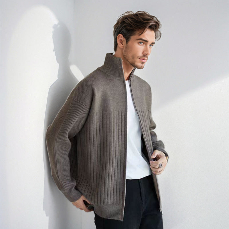 Herren Halbzip-Strickpullover mit hohem Stehkragen und breitem Rippenmuster Drune