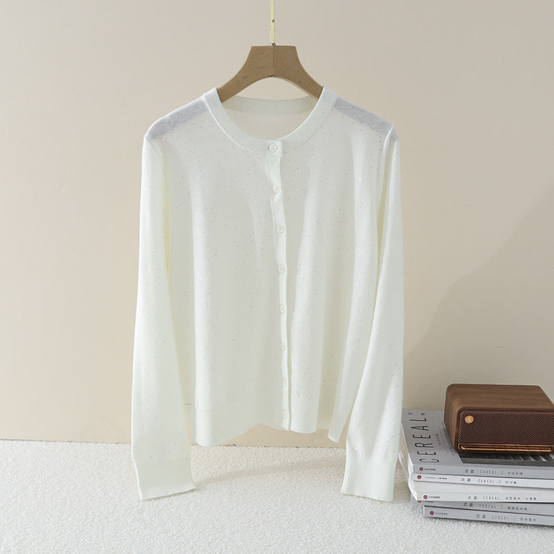 Damen Feiner Rundhals-Cardigan aus leichtem Feinstrick mit Perlmuttknopfleiste und dezentem Glitzereffekt Drune