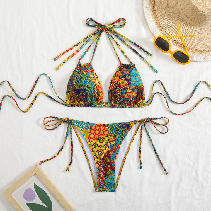 Damen Bikini-Set mit verspieltem Bindeband und buntem Muster Drune