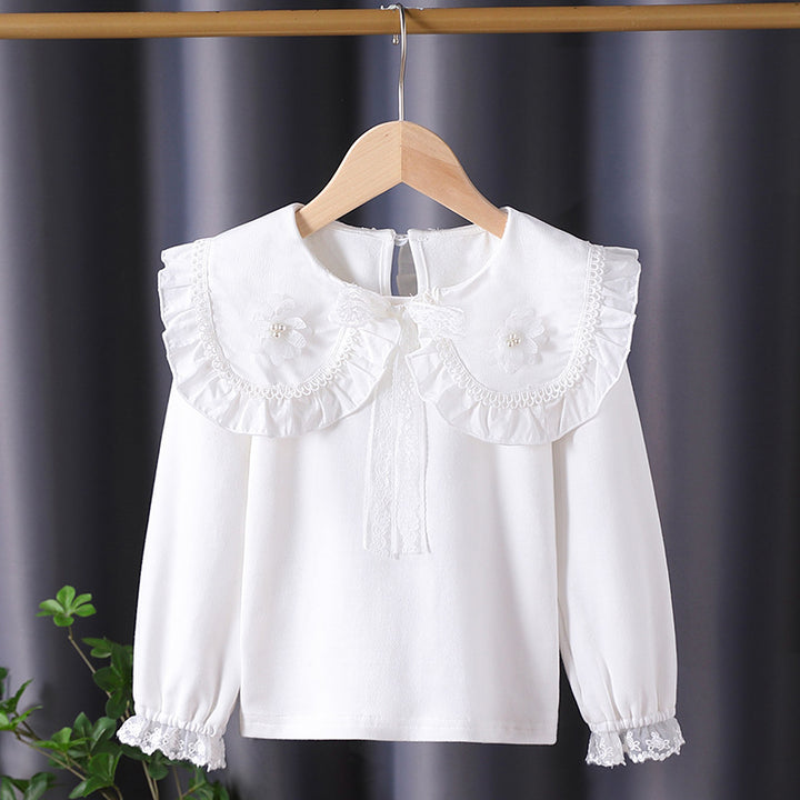 Mädchen Bluse mit rüschenverziertem Kragen und feinen Blumenapplikationen Drune