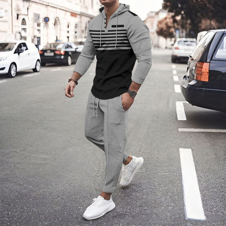 Herren nan urbanes Kapuzen-Henley Freizeitset mit Streifenpasse und gekürzter Joggerhose Drune