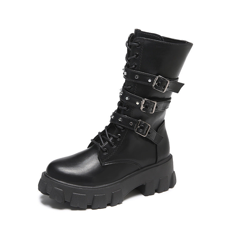 Damen High-Top Schnürstiefel mit Verstellbaren Riemen und Griffiger Sohle Drune