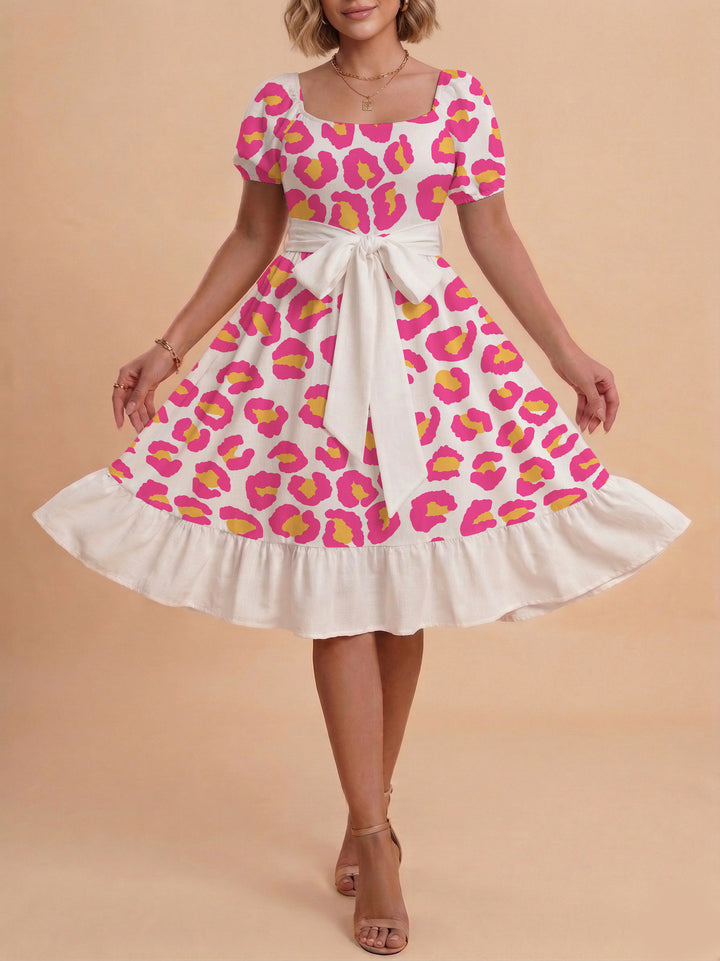 Damen Sommerliches Blumenkleid mit taillierbarem Gürtel und voluminösen Ärmeln Drune