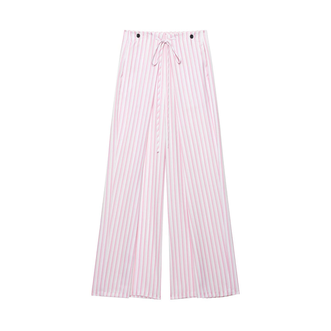 Damen Leichte Highwaist Palazzohose mit weitem Bein, Tunnelzug und vertikalem Streifenmuster Drune