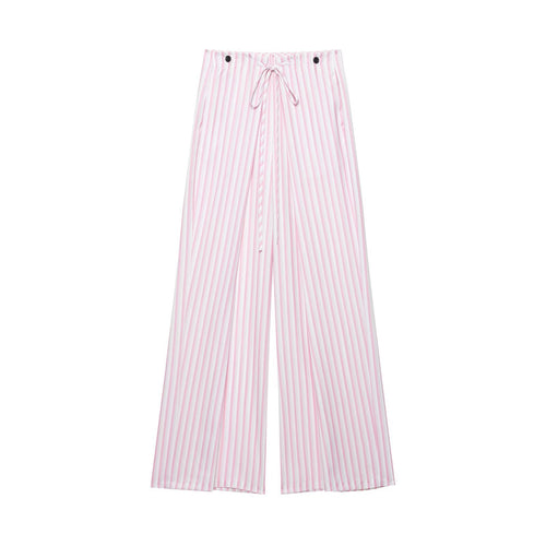 Damen Leichte Highwaist Palazzohose mit weitem Bein, Tunnelzug und vertikalem Streifenmuster Drune