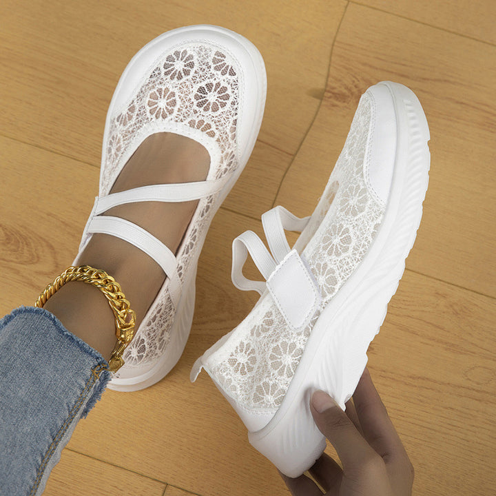 Damen Ballerina‑Sneaker mit floraler Spitzenoberfläche und dämpfender Plateau‑Sohle Drune