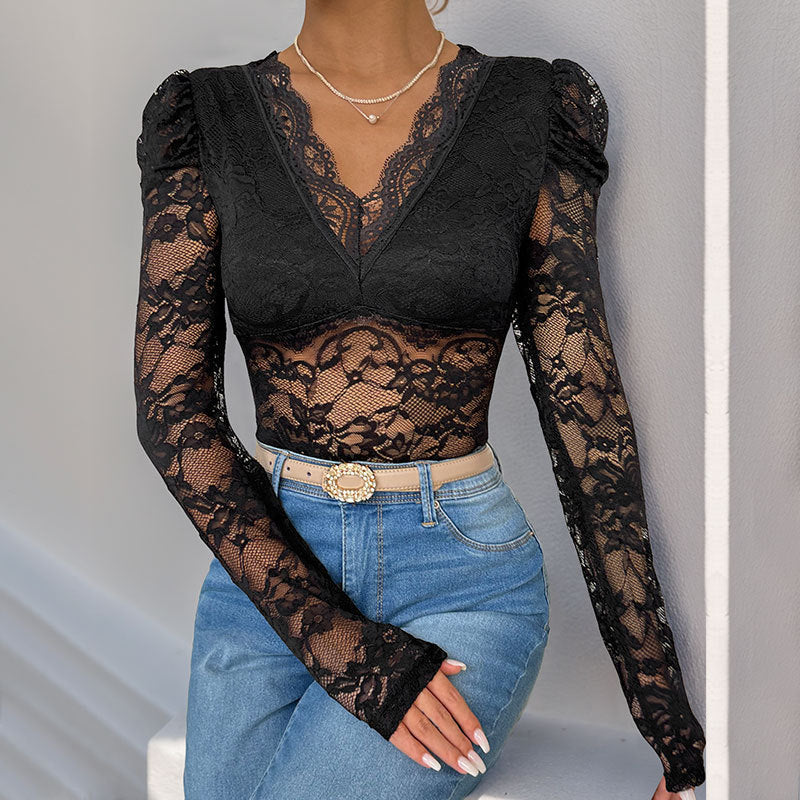 Damen Figurbetonter Spitzenbody mit transparentem Mesh, V‑Ausschnitt und Puffärmeln Drune