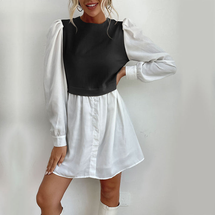 Damen Hemdblusenkleid mit eingesetzter kurzgeschnittener Weste, Puffärmeln und taillierter Silhouette Drune