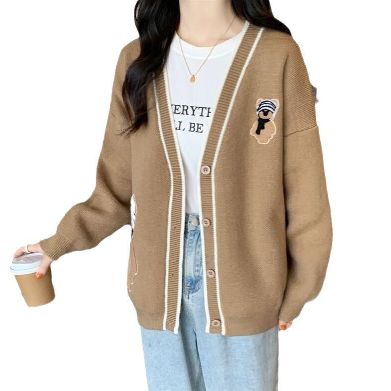 Damen Strickjacke mit Bärenapplikationen und Kontrastdetails Drune