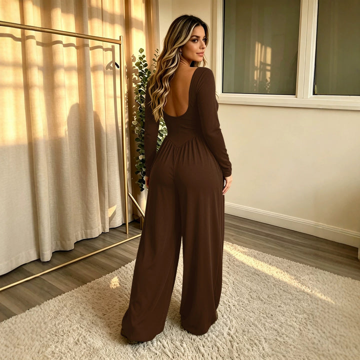 Damen Langer Jumpsuit mit weitem Bein, tiefem Rundhals und Eingrifftaschen Drune