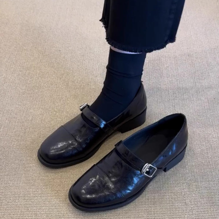Damen Klassische Leder Mary Jane Schuhe mit verstellbarem Riemen Drune