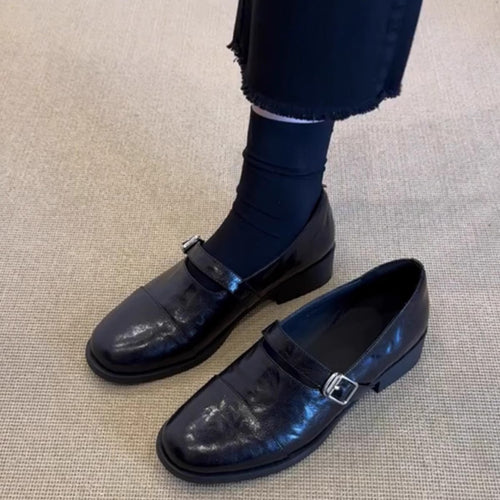Damen Klassische Leder Mary Jane Schuhe mit verstellbarem Riemen Drune